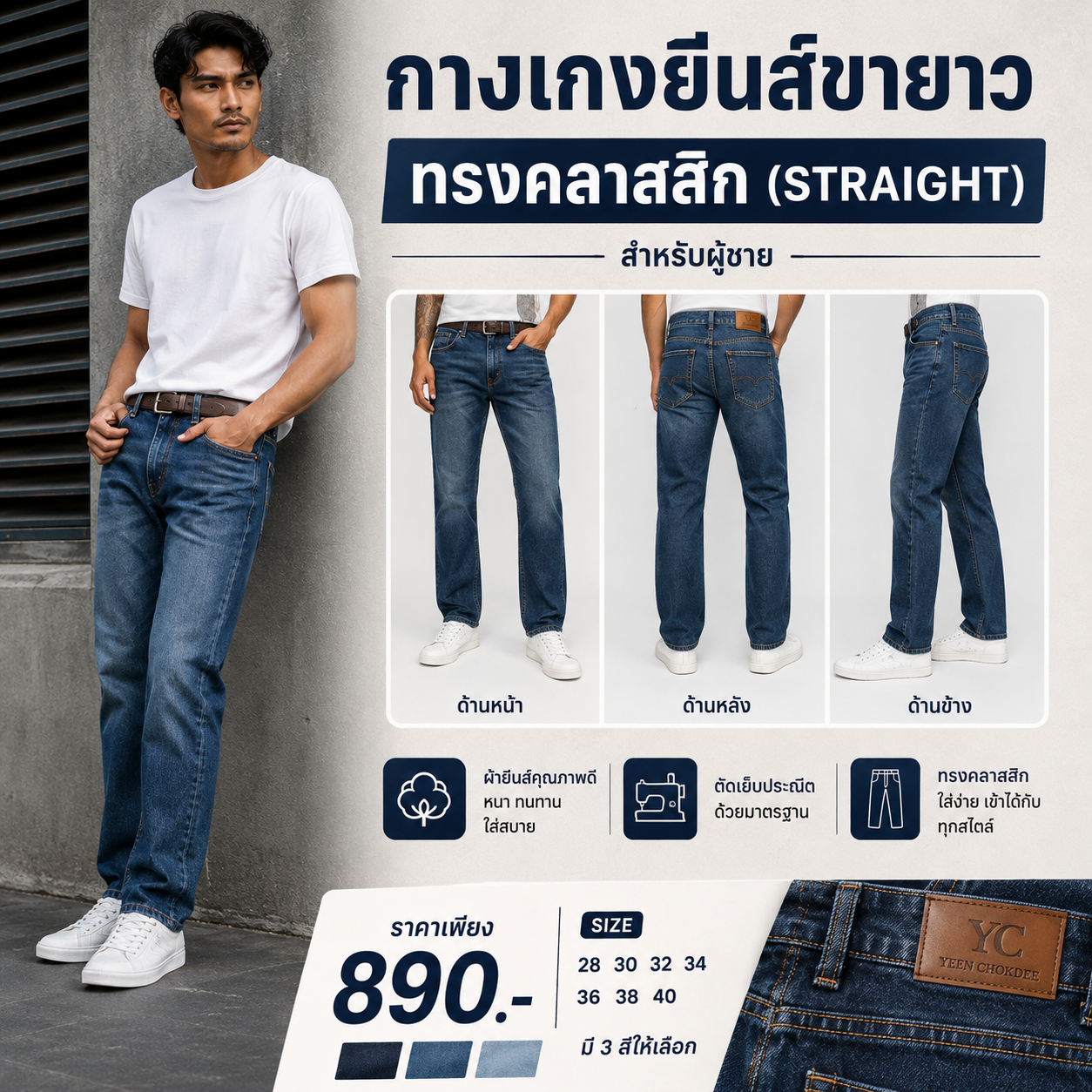 เกงยีนส์ขายาว ทรงคลาสสิก (Straight) สำหรับผู้ชาย
